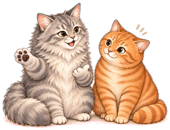 説明する灰色の猫と、うなずく茶トラの猫