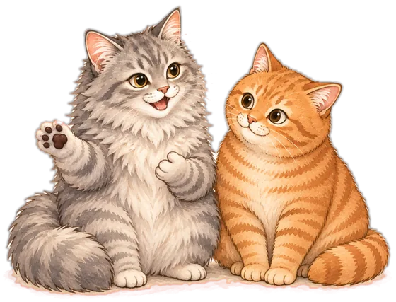 話す灰色の猫と、耳をかたむける茶トラの猫